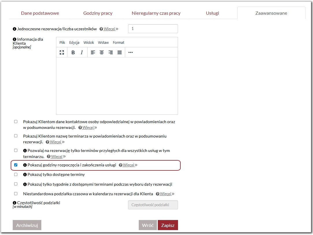 Godziny rozpoczęcia i zakończenia usługi