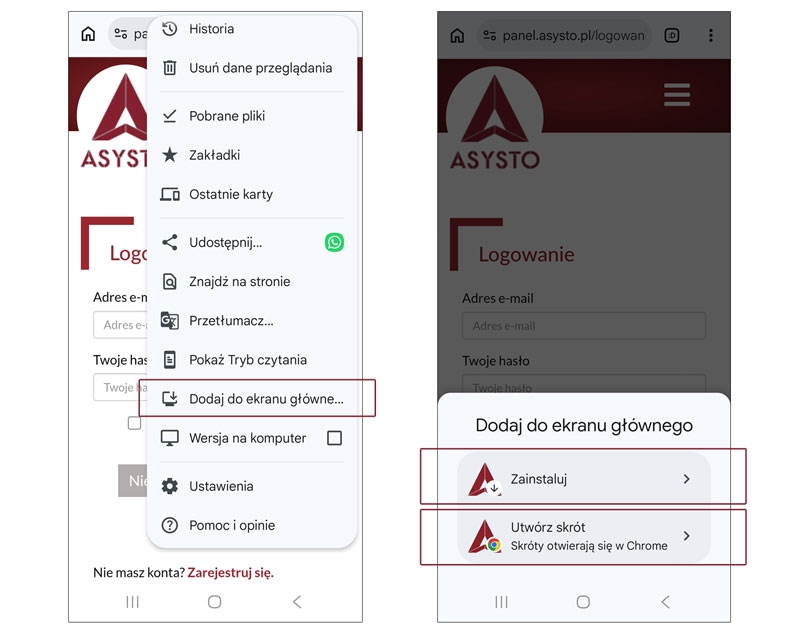 Skrót Asysto - Instrukcja na Android (Google Chrome)